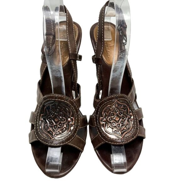 COLE HAAN Brown Chunky Stacked High Heel Genuine Leather Slingback Sandals 7.5 - Picture 3 of 16